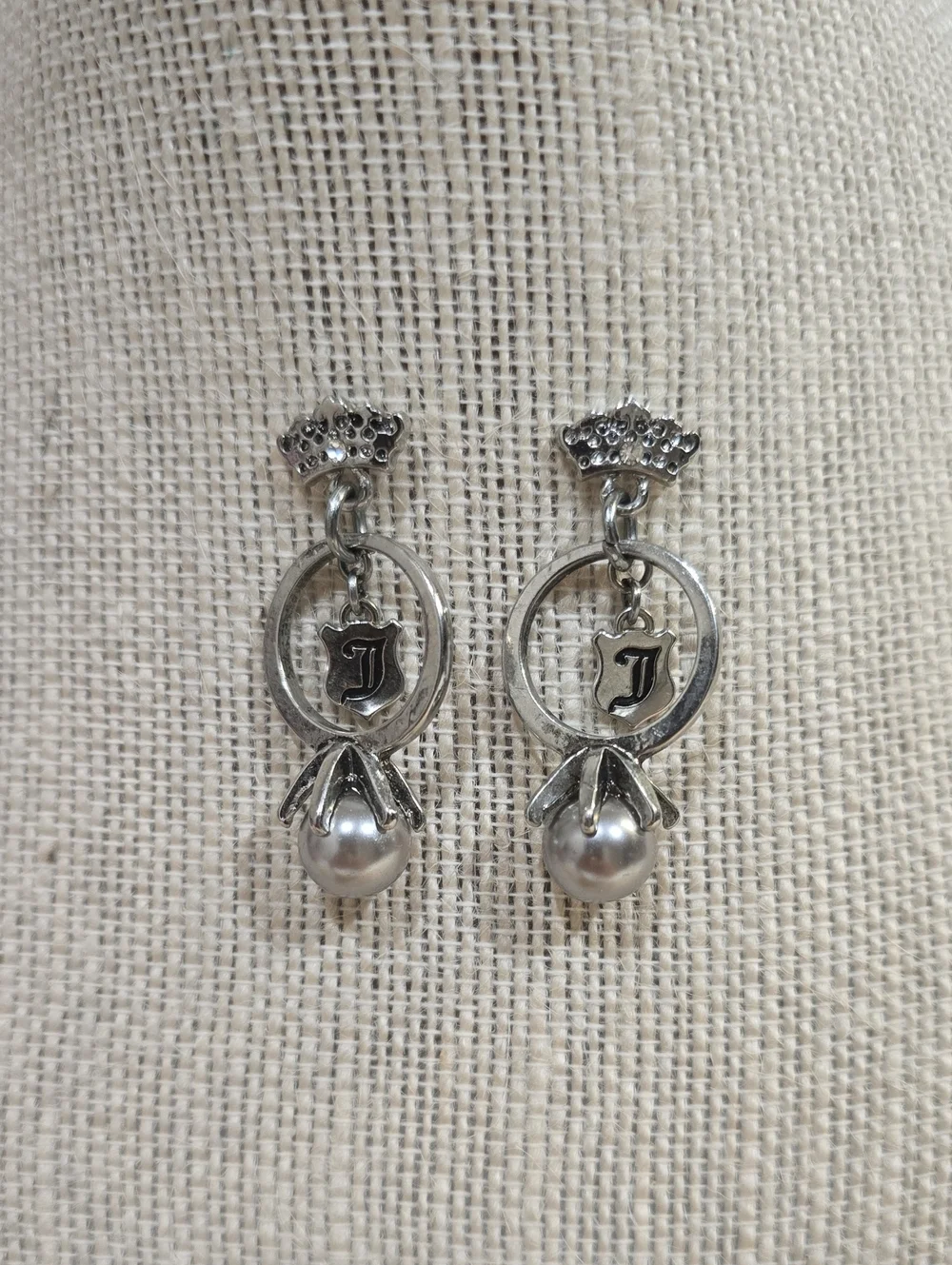 Juicy Couture Silver-Tone Pearl Drop Earrings with 'J' Charm